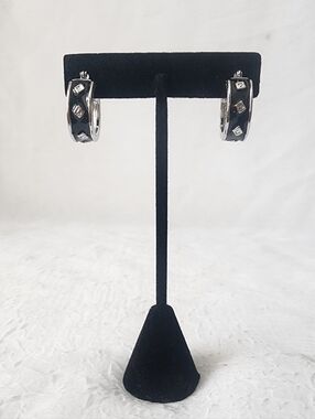 Auth Givenchy Black and Silver Enamel Hoop Earrings